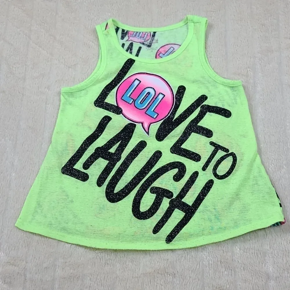 Justice Girls 12 Neon Yellow Glitter LOL Slub Knit Sleeveless TShirt Tank Top